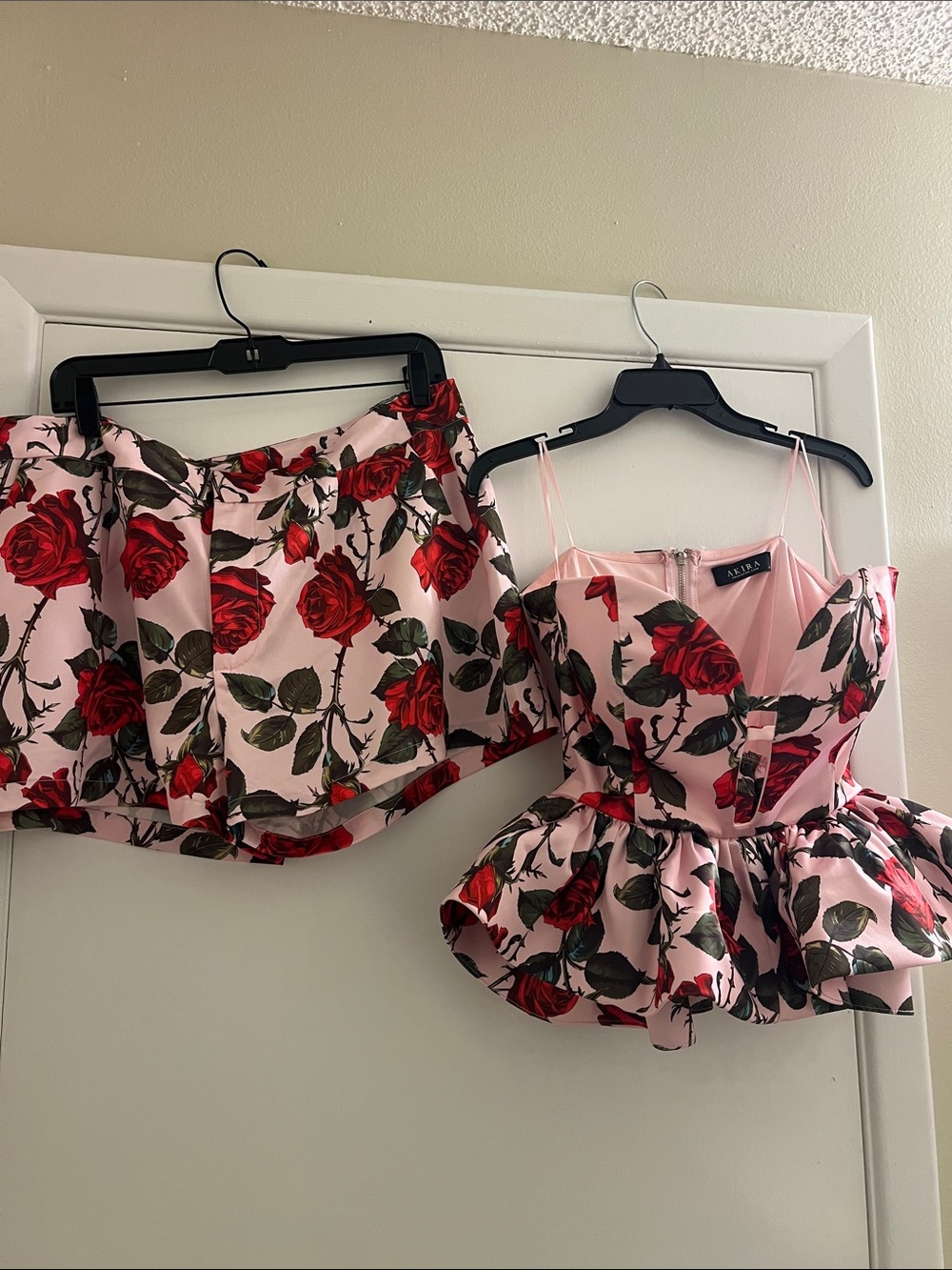 AKIRA Pink and Red Rose Print Peplum Bustier with Matching Skirt - Picture 4 of 7